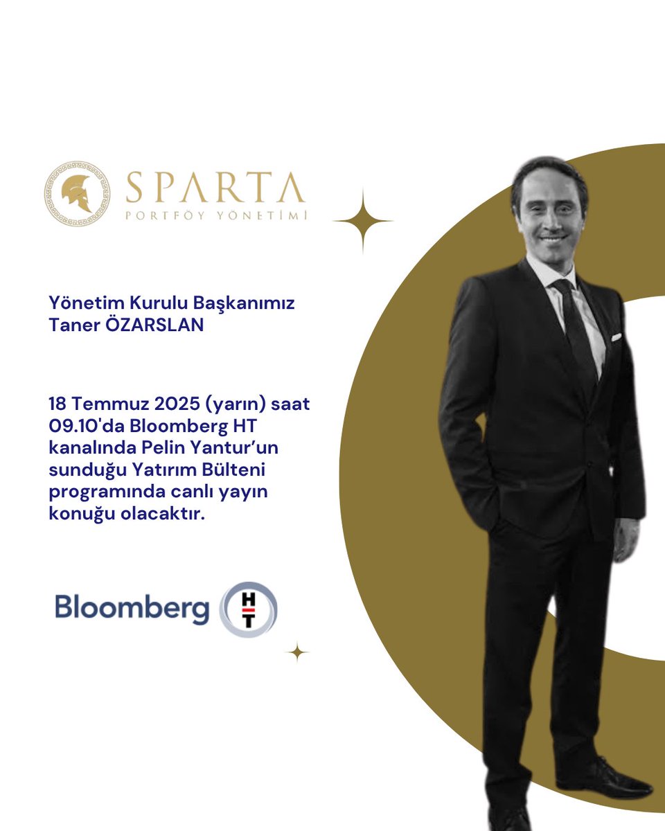 Yönetim Kurulu Başkanımız Taner Özarslan yarın saat 09.10'da Bloomberg HT ekranlarında Pelin Yantur'un sunduğu "Yatırım Bülteni" programında canlı yayın konuğu olacaktır. Keyifli seyirler!