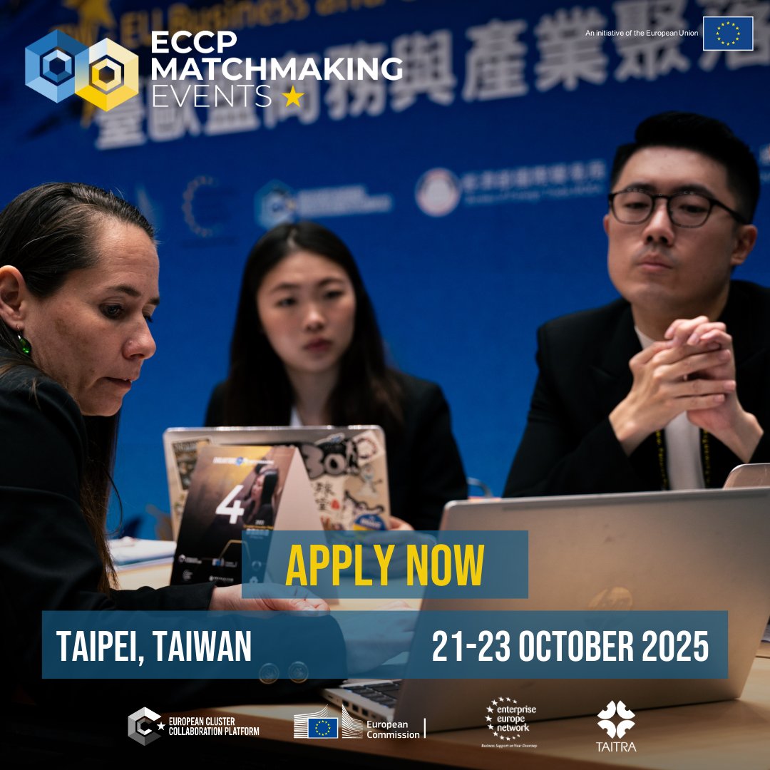 Clusters_EU's tweet image. 🔌Want to build strategic partnerships in semiconductors? Join the #ECCPMatchmaking event in Taiwan🇹🇼, a global hub for electronics & smart tech, on 21–23 October.
✈️Travel & accommodation costs covered for 20 participants!
Apply by 1 Sept on the #ECCP👉 clustercollaboration.eu/content/eu-tai…