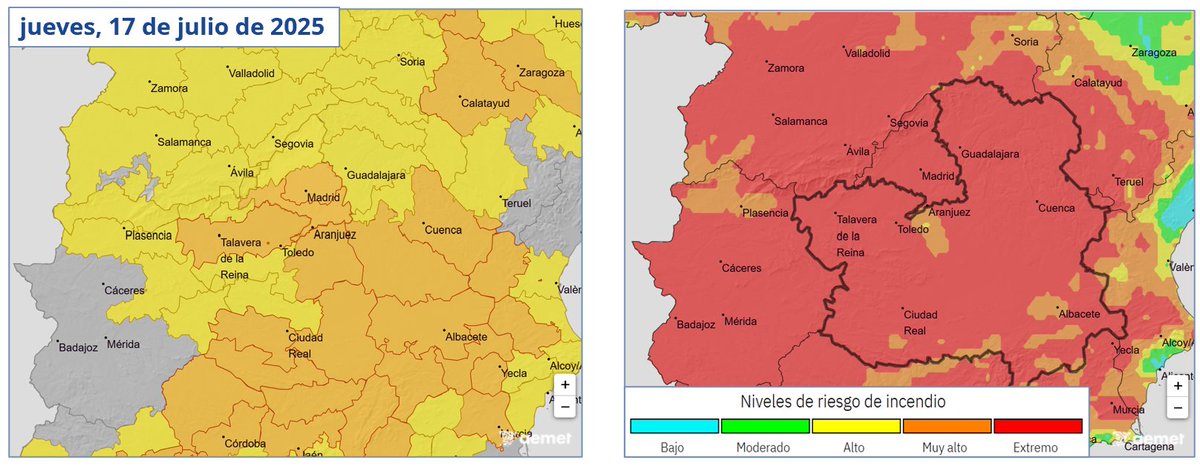 🌡️Avisos naranjas por altas temperaturas hoy en la demarcación del Tajo, alcanzando en diversos puntos los 40ºC y niveles de riesgo extremo de incendios.

⚠️Atención a las recomendaciones de protección civil y AEMET.