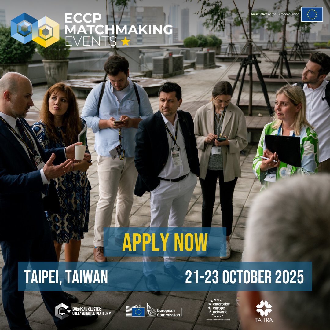 Clusters_EU's tweet image. 🔌Want to build strategic partnerships in semiconductors? Join the #ECCPMatchmaking event in Taiwan🇹🇼, a global hub for electronics & smart tech, on 21–23 October.
✈️Travel & accommodation costs covered for 20 participants!
Apply by 1 Sept on the #ECCP👉 clustercollaboration.eu/content/eu-tai…