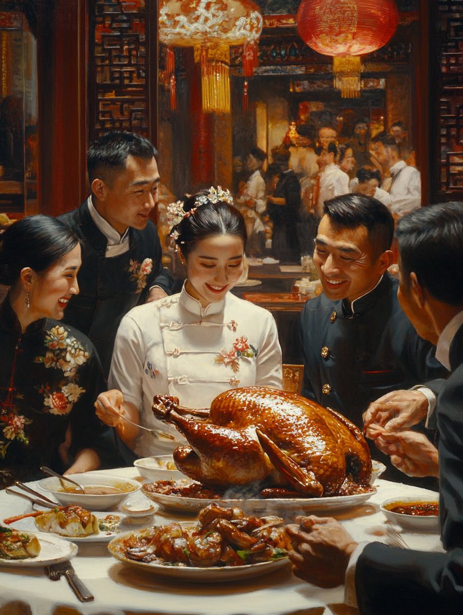 DavidGuoStudio's tweet photo. 回到民國·百年市井之全聚德（續）
民國二十三年秋，北京前門外全聚德二樓雅間。韓仲恕老爺設宴為千金訂親，席上齊掌櫃親自上菜。段婉清笑問：「掌櫃的，這鴨子烤得嘴都翹了，知道今天上的是喜席嗎？」齊掌櫃回嗆：「它要會說話，今兒準比我還貧！」眾人一笑，還沒動筷子，喜氣又增了幾分。 https://t.co/HP9dmJvAEH