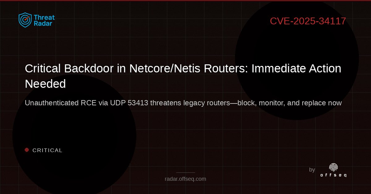 offseq's tweet image. ⚠️ Critical RCE in Netcore/Netis router firmware pre-Aug 2014! Backdoor on UDP 53413 lets attackers run commands remotely. Block now, replace ASAP. radar.offseq.com/threat/cve-202… #OffSeq #Netcore #RouterSecurity