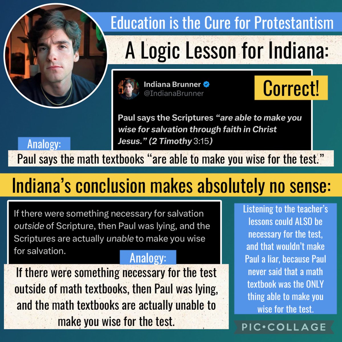 How2BeChristian's tweet photo. I sent a private message to ​⁠​⁠@IndianaBrunner on X, to let him know of the gigantic flaw in one of his recent posts.

I wanted to give Indiana the opportunity to correct his mistake on his own, and spare him the embarrassment of having someone else publicly correct yet ANOTHER one of his mistakes for him.

In response to my message, Indiana said nothing, but he blocked my account, thus preventing any further private conversation.

I guess that means he won’t be correcting his mistake.

😏 Fine… I’ll do it myself: