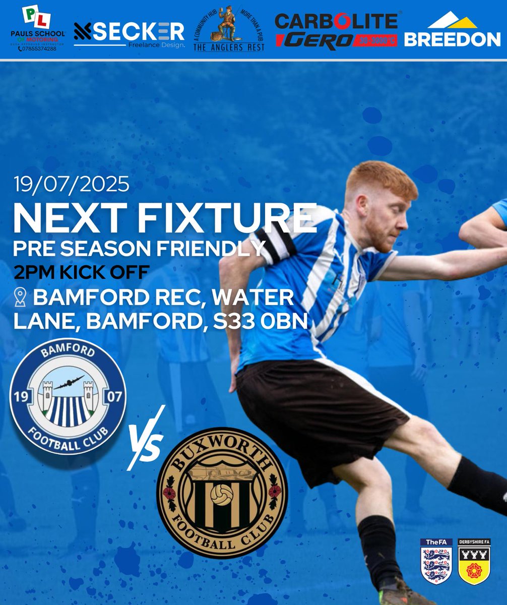Pre Season Friendly #2

🗓 Saturday 19th July 
⏰ 2:00pm Kick off
🆚️ Buxworth Fc
🏟 The Rec

🔵⚪️🔵⚪️