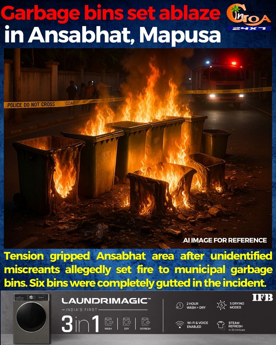 InGoa24x7's tweet photo. Garbage bins set ablaze in Ansabhat, Mapusa Tension gripped Ansabhat area after unidentified miscreants allegedly set fire to municipal garbage bins. Six bins were completely gutted in the incident.
#goa #goanews #GarbageBins #Fire https://t.co/tsbswQ819k