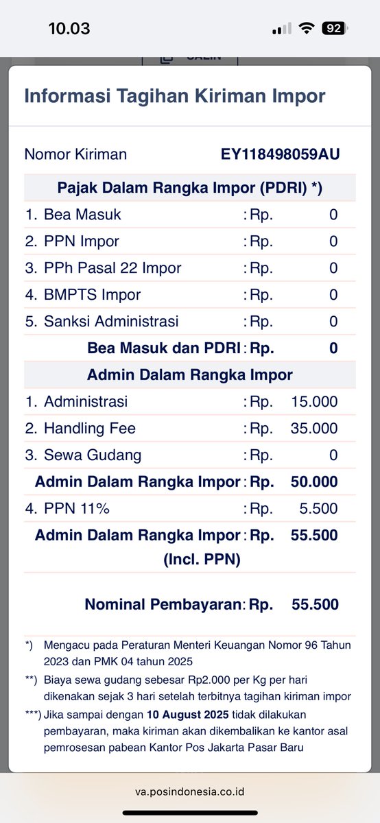 bahterasegara's tweet photo. @PosIndonesia kak aku mau tanya, pagi ini aku dapat chat untuk membayar VA karena ada paket daru luar negeri. Tapi kenapa jumlah dari yang tertera dan rinciannya berbeda ya? https://t.co/BW3TO1HWoJ