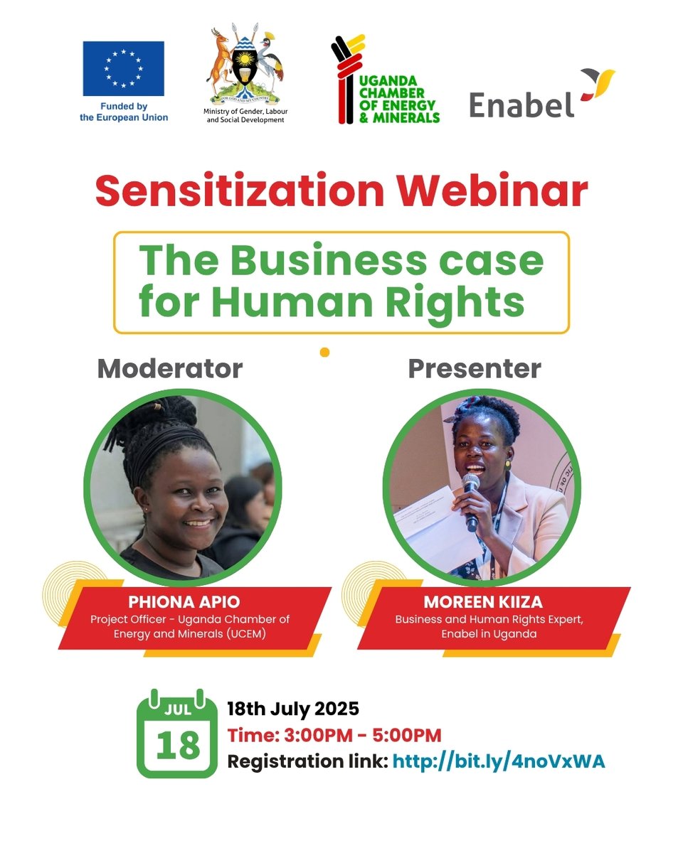 EnabelinUganda's tweet image. ⚖️ Human rights power business!🔌
🚨 Webinar Alert!
Join us tomorrow, Friday 18th July, for an eye-opening session with @UgandaChamber and @Mglsd_UG.
🔍Learn how respect for human rights by businesses boosts trust and resilience, attracts investment, and promotes talent…