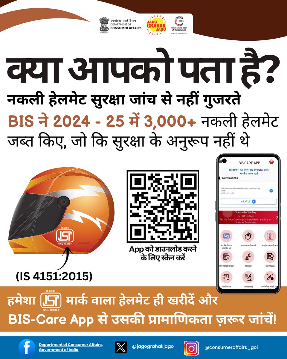 PIBConsumerFood's tweet image. BIS ने उपभोक्ताओं के लिए BIS-Care App और पोर्टल से हेलमेट की प्रामाणिकता जांचना आसान बना दिया है। अगर हेलमेट IS 4151:2015 प्रमाणित नहीं है, तो वो अवैध और असुरक्षित है। #BISCareApp #BISHelmet #ConsumerRights #JagoGrahakJago #NCH1915 #ConsumerProtection @IndianStandards