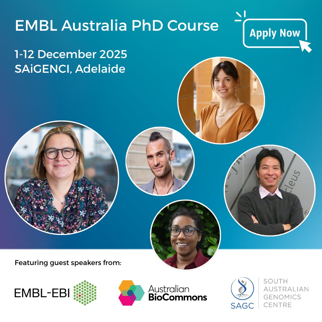 EMBLAustralia's tweet image. 🚨 PhD students!

The EMBL Australia PhD Course is back and the 2025 program preview is live.

Think big science, AI and career insights - all in one epic fortnight.

📅 Applications open until 27 July: bit.ly/3IvyV6H 

#PhDchat #PhDLife #AusSci #ScienceCareers