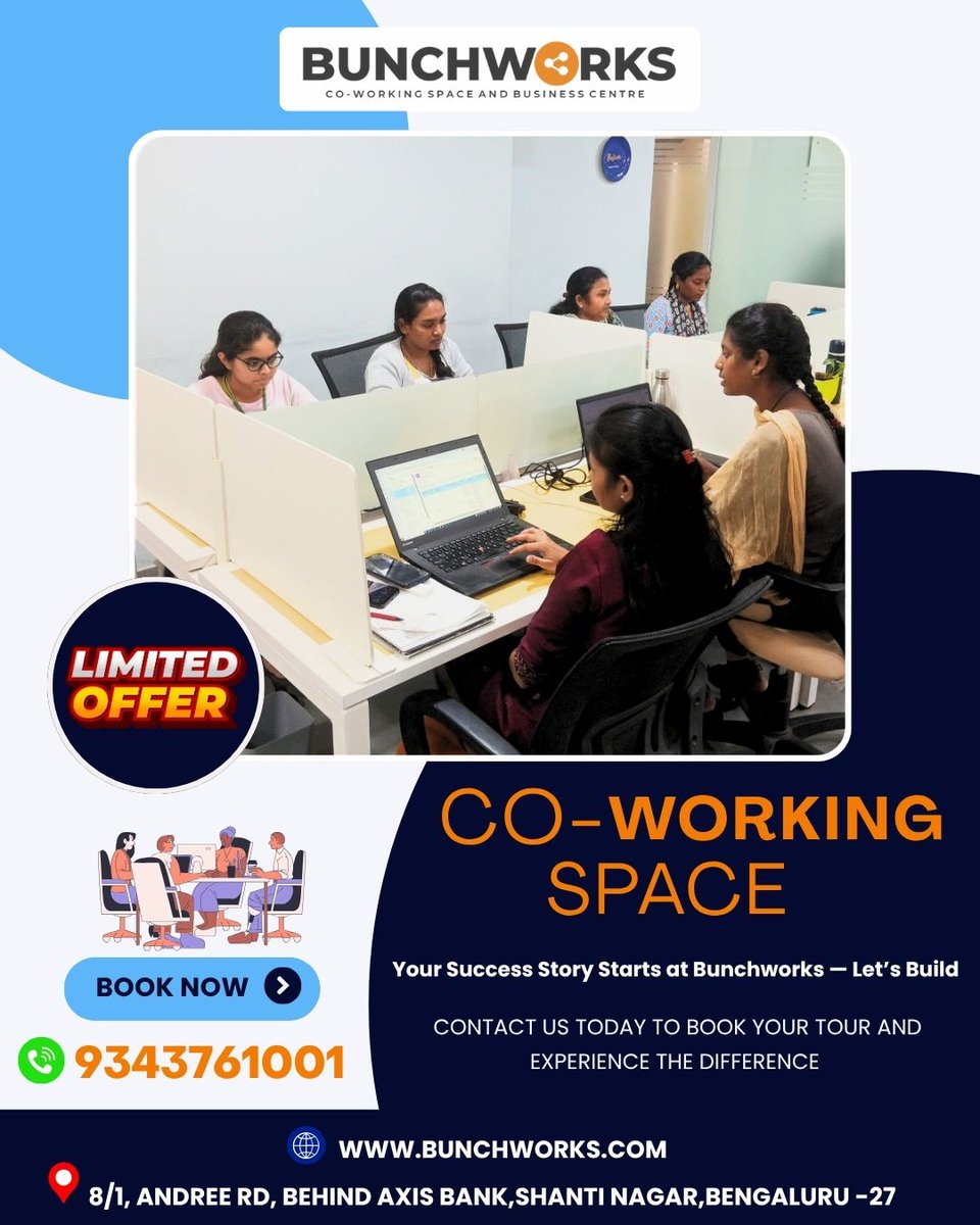 bunchworks's tweet photo. "Looking for a Place to Build, Create, and Succeed? You’ve Found It."
 Whether you're a freelancer, founder, remote worker, or student 
 #Bunchworks #WorkBetterHere #BangaloreCoworking  
#FreelancerLife #StartupCulture #RemoteReady  
#WorkCreateSucceed #CoworkingVibes #WorkGoals https://t.co/eFvqT7YsII