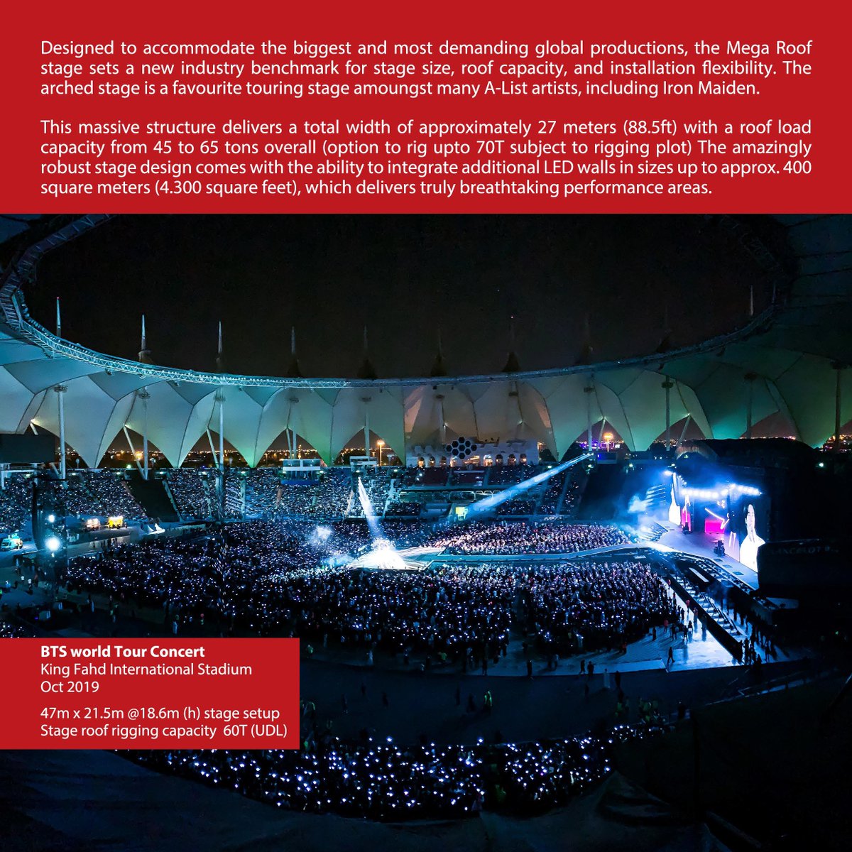 AllEventsME's tweet photo. 🏟️ The AES Mega Roof is a state-of-the-art event stage spanning 47m wide and 21.5m high, with a 60,000kg roof load capacity. Its arched design, vast performance area, and top-tier engineering make it ideal for major global events and iconic performances.

📩 info@aes.ae https://t.co/Jp3K2qc0De