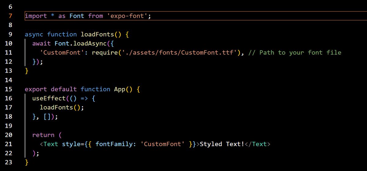 LeandrosDim's tweet photo. Use expo-font to load custom fonts: await Font.loadAsync({ 'CustomFont': require('./CustomFont.ttf') }); #ReactNative #ExpoGo #MobileDev https://t.co/iiAG5dLF72