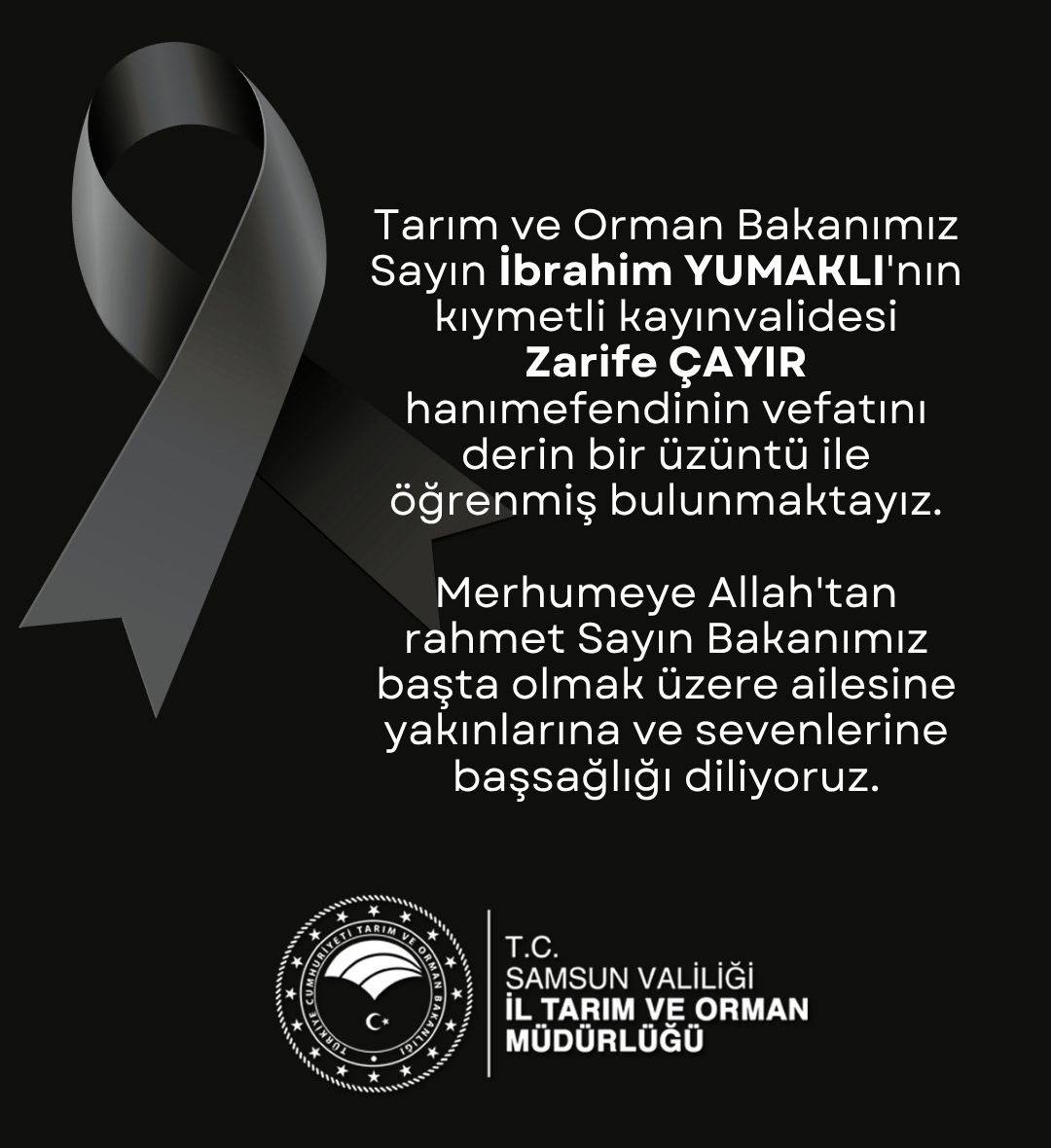 Samsun İl Tarım ve Orman Müdürlüğü (@samsuntrm) on Twitter photo Merhumeye Allah'tan rahmet Sayın Bakanımız başta olmak üzere ailesine yakınlarına ve sevenlerine başsağlığı diliyoruz.
Allah Rahmet Eylesin.🤲🤲🤲
<a href="/TCTarim/">T.C. Tarım ve Orman Bakanlığı</a> <a href="/ibrahimyumakli/">İbrahim Yumaklı</a> <a href="/ibrahimsaglam46/">İbrahim SAĞLAM</a> Merhumeye Allah'tan rahmet Sayın Bakanımız başta olmak üzere ailesine yakınlarına ve sevenlerine başsağlığı diliyoruz.
Allah Rahmet Eylesin.🤲🤲🤲
<a href="/TCTarim/">T.C. Tarım ve Orman Bakanlığı</a> <a href="/ibrahimyumakli/">İbrahim Yumaklı</a> <a href="/ibrahimsaglam46/">İbrahim SAĞLAM</a>