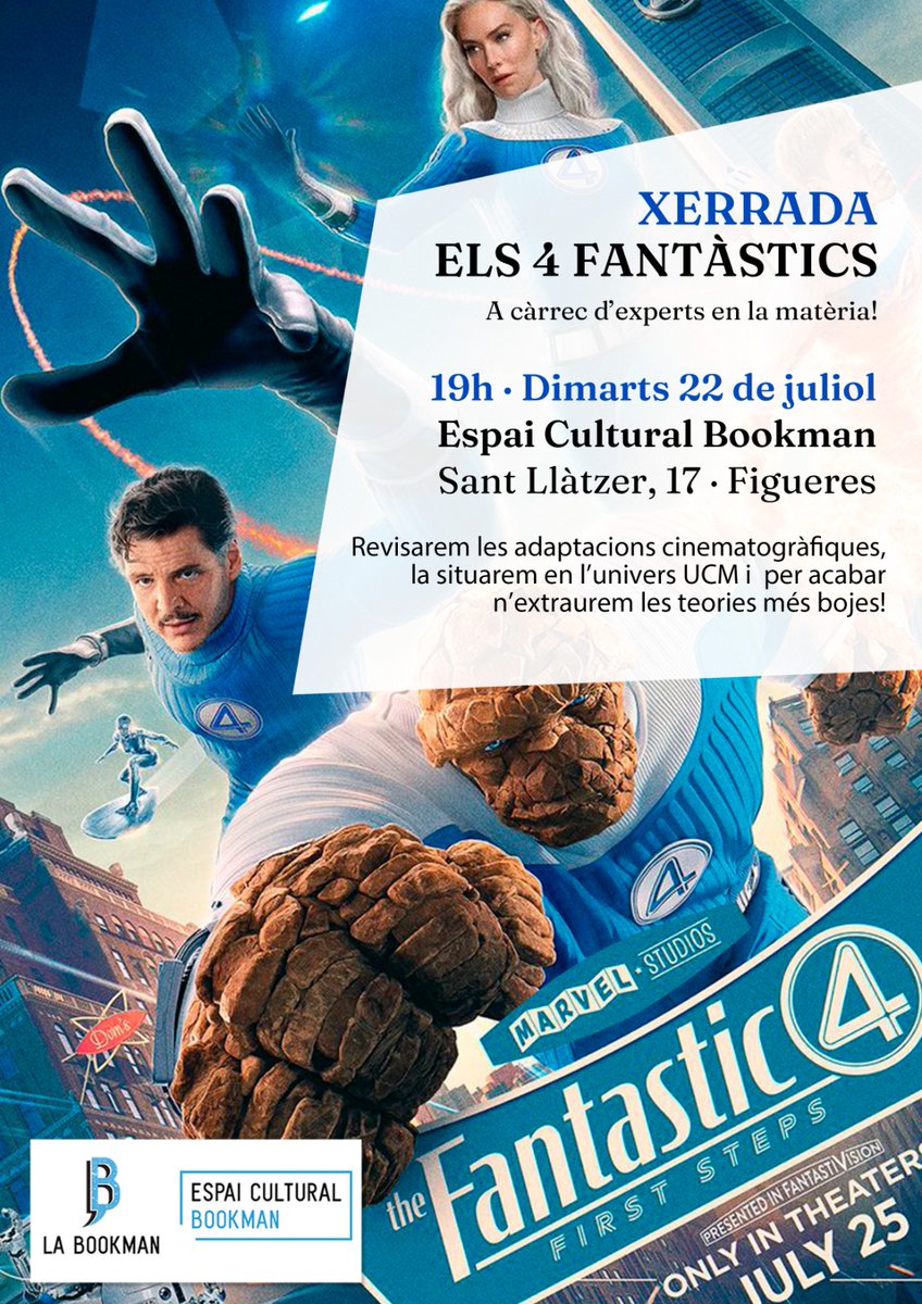 El proper dimarts 22 de juliol a L'Espai Cultural Bookman el nostre equip d'experts en matèria marveliana resoldran tots els dubtes i més amb una gran dosis d'humor, perquè puguis anar ben preparat al cinema a veure la nova peli dels #4F 

#Los4Fantásticos #figueres #Cinema