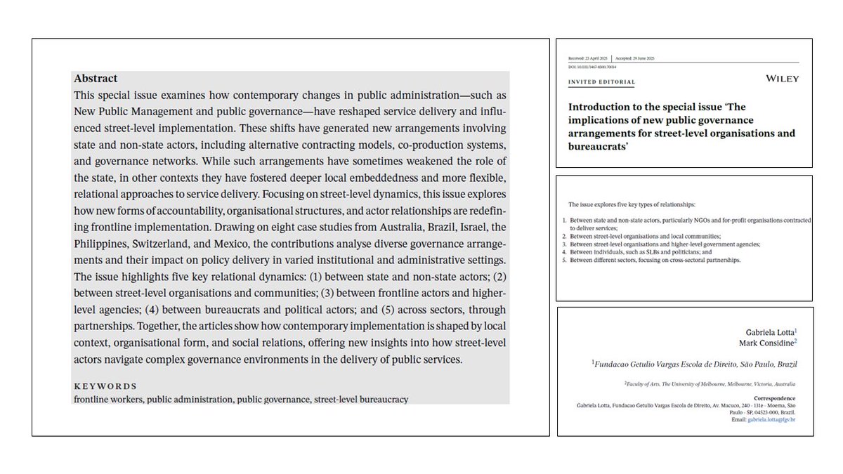 AusJPA's tweet image. 🆕 Early view📩
👉Co-guest edited by @gabilotta & Mark Considine present the upcoming special issue on "The implications of #NewPublicGovernance arrangements for #StreetLevelOrganisations and #Bureaucrats"
👉Watch this space for the collection 👇
onlinelibrary.wiley.com/doi/10.1111/14…