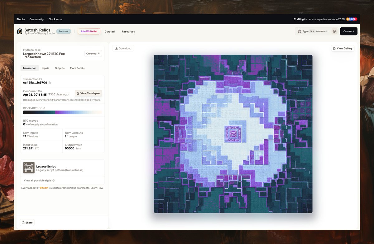 gm Ordinals ☀️

The largest fee paid on Bitcoin for a single transaction was 291 BTC or over $34.5 million USD?! 😬

An insane tx that we had to turn into a Relic. Art + details 👇