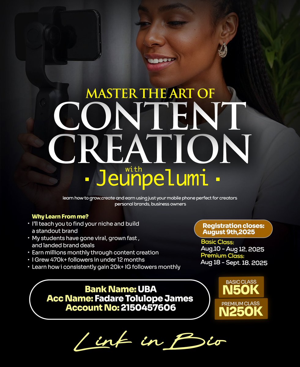Jeunpelumi's tweet image. 🚨 Registration for the August Content Creation Class is NOW OPEN!
Whether you create food content, lifestyle, fashion, education, or just want to show up better online — this class is for YOU.
Secure your spot today — don’t snooze on this!
✨ DM me ‘Register’ to sign up
or
🔗…