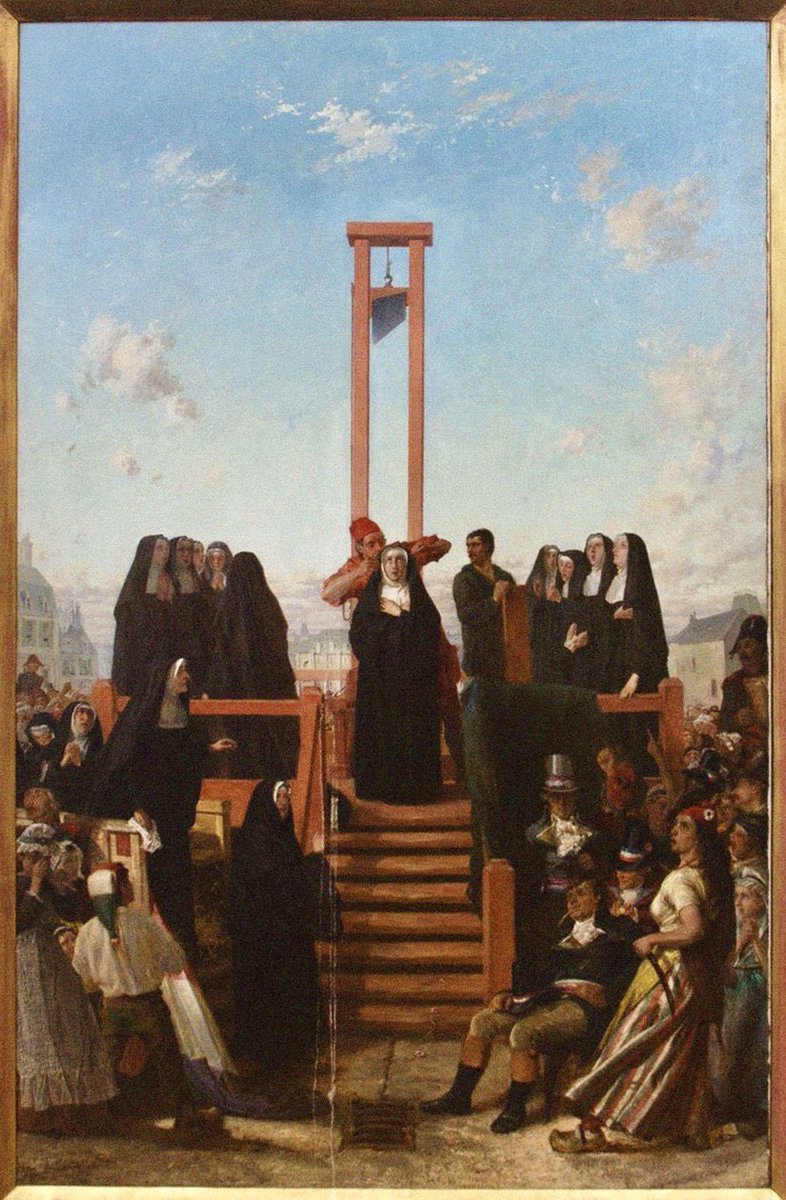 17 juillet 1794, seize Carmélites de Compiègne sont guillotinées par la république, accusées de fanatisme pour conserver des images du Sacré Cœur de Jésus. 
« Place de la Révolution. Les carmélites descendent de la charrette au pied de l'échafaud. Au premier rang de la foule