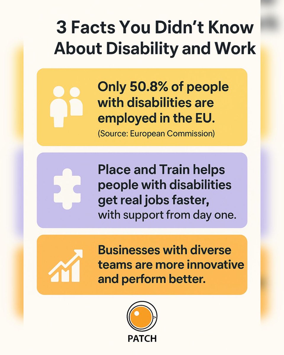 Patch_erasmus's tweet image. 🌟 3 facts on disability &amp;amp; work:
👥 Only 50.8% of people with disabilities have jobs (EU, 2021).
🧩 Place and Train helps them succeed in real jobs.
📈 Diverse teams perform better.

Inclusion = opportunity

#PATCHproject #Inclusion #ErasmusPlus #erasmus #disability #education