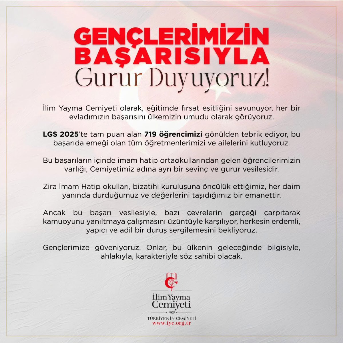 iycbursa's tweet photo. Gençlerimizin Başarısıyla Gurur Duyuyoruz!

Bazı çevrelerin gerçeği çarpıtarak kamuoyunu yanıltmaya çalışmasını üzüntüyle karşılıyor, herkesin erdemli, yapıcı ve adil bir duruş sergilemesini bekliyoruz.

#İmamHatipBizimdir
#LGS2025
#EğitimdeAdalet
#Geleceğimizİçin https://t.co/T9XWrIqjIl