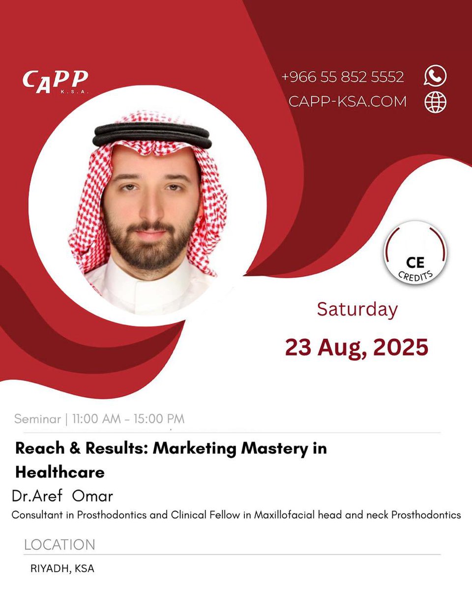 aboutDent's tweet photo. To continue our Navigation of Healthcare Business  Join Dr. Aref Almahayni, at  Reach & Results: Marketing Mastery in Healthcare  
📍 Riyadh, KSA 
📅 23 Aug | Saturday  
⏰11:00 AM -3:00 PM   
This seminar is designed for healthcare professionals who want to enhance their marketing strategies, improve patient outreach, and elevate their brand presence in today’s competitive landscape. Learn how to: 
- Design data
-driven marketing plans for clinics and hospitals
- Use digital tools to boost engagement 
- Align marketing with clinical and operational goals   
🔗Registration Link:  https://t.co/UZVjWHs1ih  
📱 For more information:  +966 55 852 5552 (WhatsApp) 
🌐https://t.co/aBeUPTSryY 
 Join us and navigate the business of HealthCare