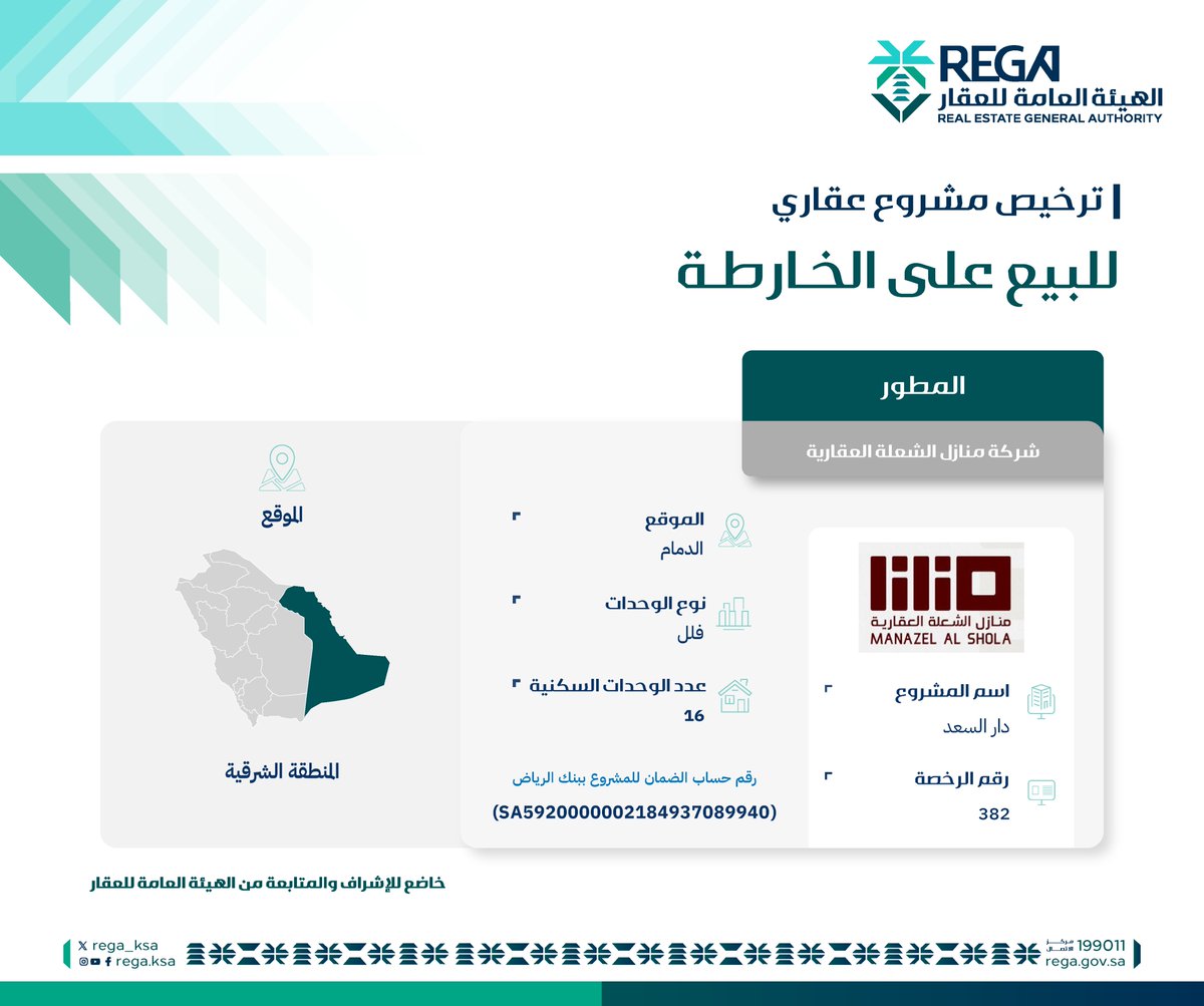 REGA_KSA's tweet photo. #هيئة_العقار تصدر ترخيص بيع #على_الخارطة لمشروع (دار السعد) #Off_plan https://t.co/L5BC9q4PK8