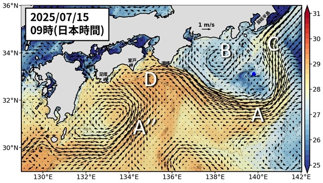 APL_JAMSTEC's tweet image. 黒潮親潮ウォッチ更新:
9月13日までの黒潮「長期」予測
jamstec.go.jp/aplinfo/kowatc…
8月6日までの黒潮「短期」予測
jamstec.go.jp/aplinfo/kowatc…
現在伊豆諸島付近にある蛇行は次第に小さくなると予測している一方、九州東にある蛇行は東に進んで来て大蛇行的な状況になってくると予測しています。