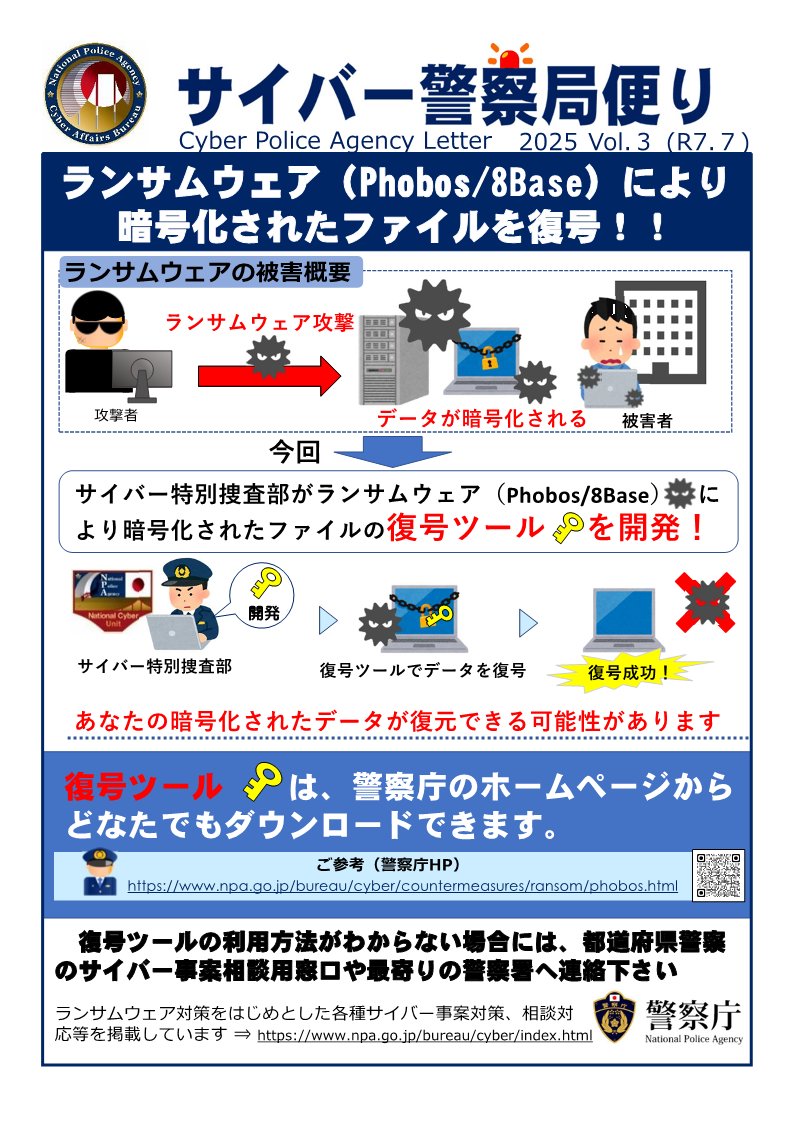 👮日本警察による復号ツールの開発💻

日本警察は、#ランサムウェア  Phobos/8Base によって暗号化されたデータを復号するツールを開発しました！！
どなたでも警察庁HPからダウンロードしていただけます。
▼詳細はこちら▼
npa.go.jp/news/release/2…