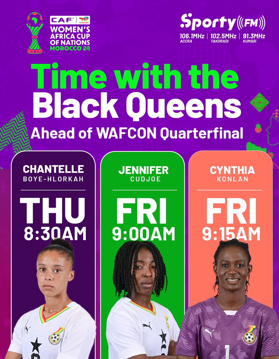 It’s EXCLUSIVES galore on the #SportyBreakfast, starting this morning with an interview with in-form Black Queens forward Chantelle Boye-Hlorkah.

Make a date at 8:30am. ⏰ 

📻 106.1 MHz 
📶 bit.ly/SportyFMStream