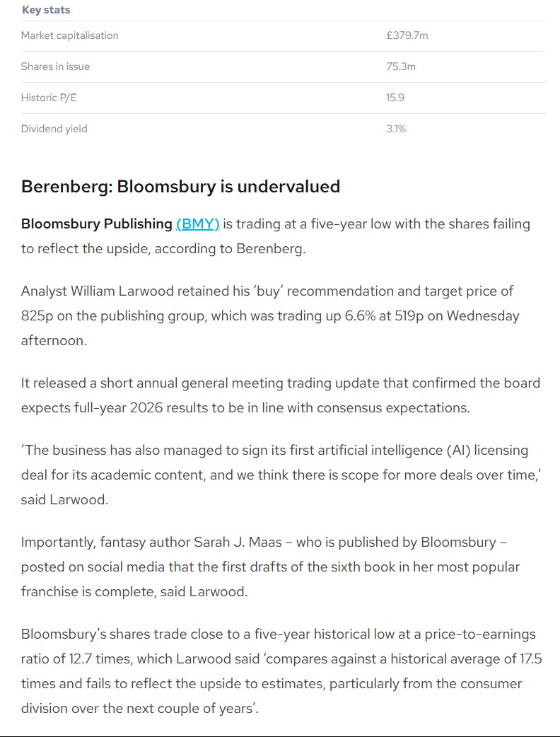 #BMY Berenberg: Bloomsbury is undervalued
