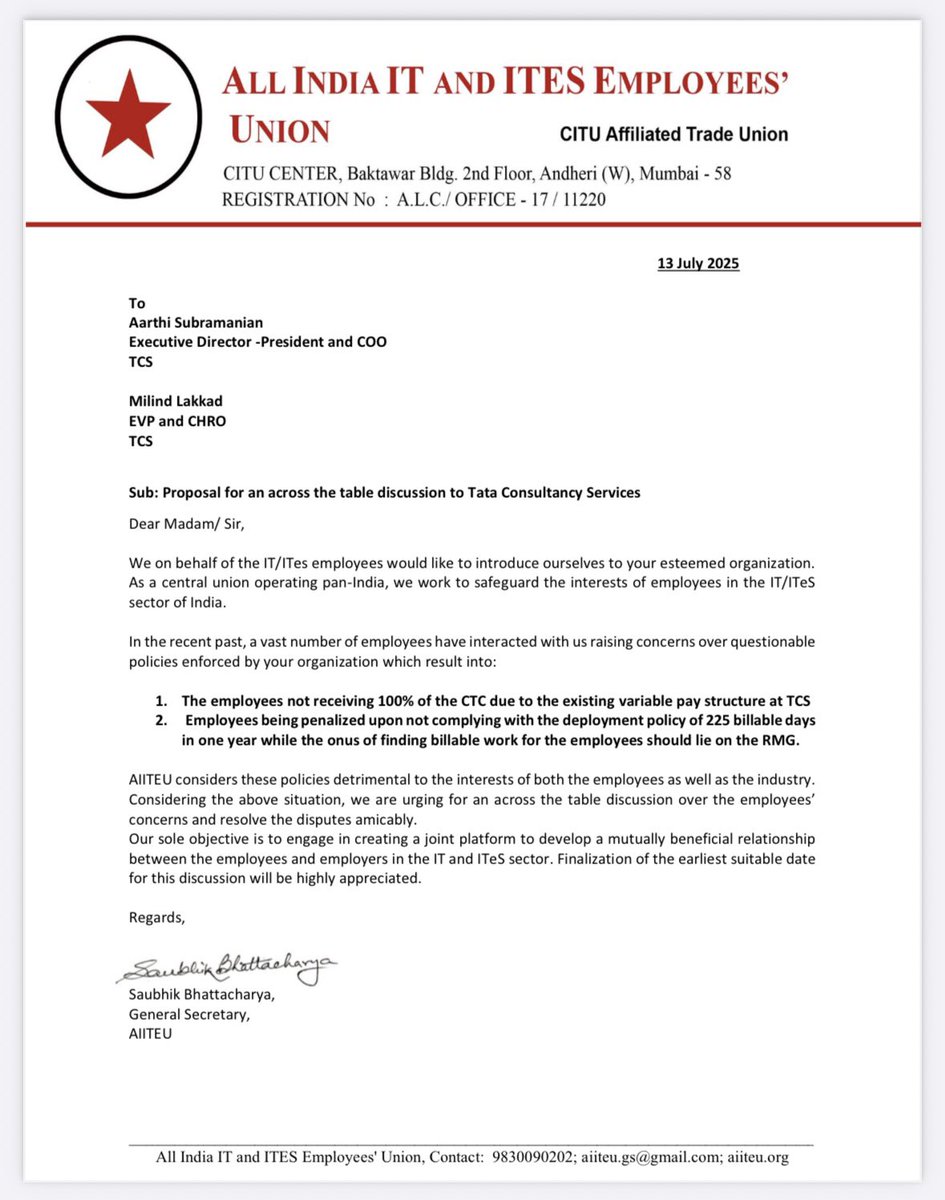 In the aftermath of anti-worker policy enforcement at TCS, a vast number of aggrieved employees contacted us. To negotiate and resolve the employees’ issues at the earliest, AIITEU sent an email to TCS proposing an across-the-table discussion. Expecting TCS to respond.

#AIITEU