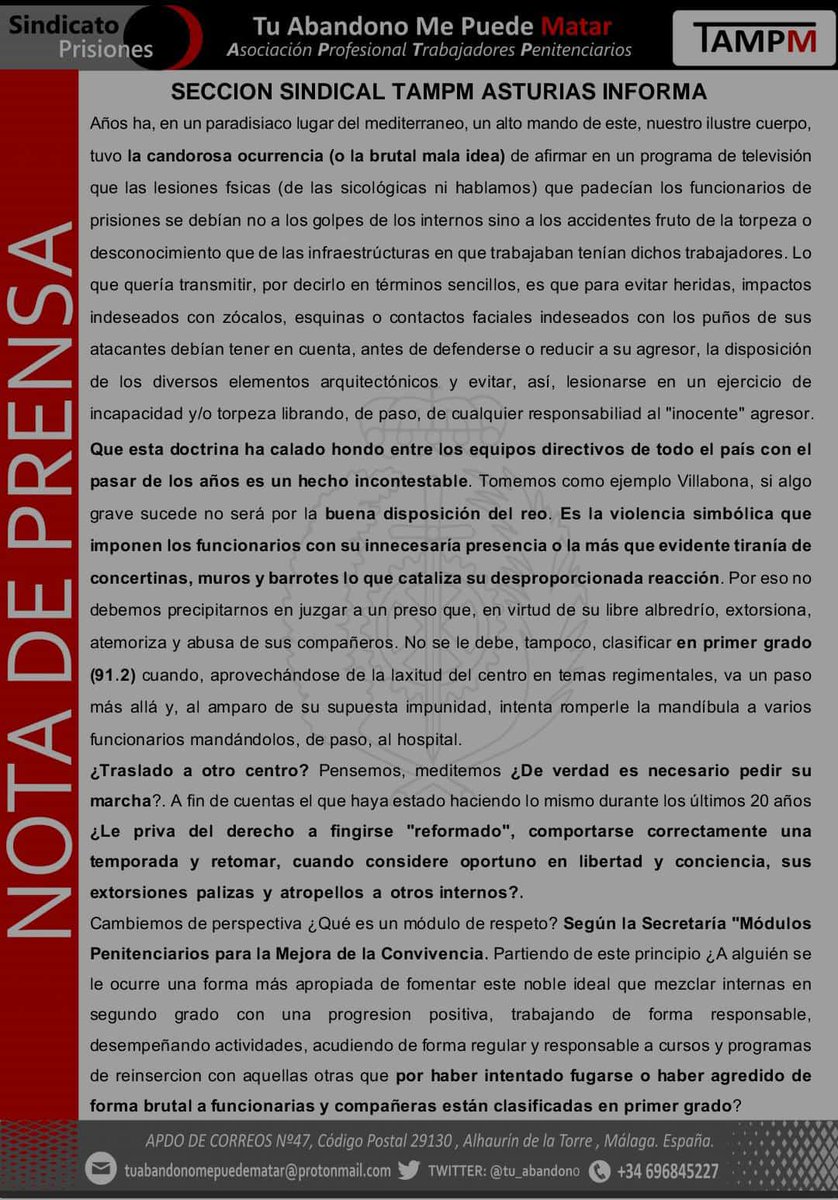 VillabonaAstur's tweet photo. ⬛🟥 TAMPM ASTURIAS INFORMA:
Situación insostenible en #sosprisiones #Asturias. Clasificación interior #Inexistente
Instalaciones en un estado de conservación #Lamentable
Exigimos #Soluciones
@lanuevaespana @elcomerciodigit @RTPAOficial @ondacerogijon @COPEAsturias https://t.co/NCq2GXzJ8A