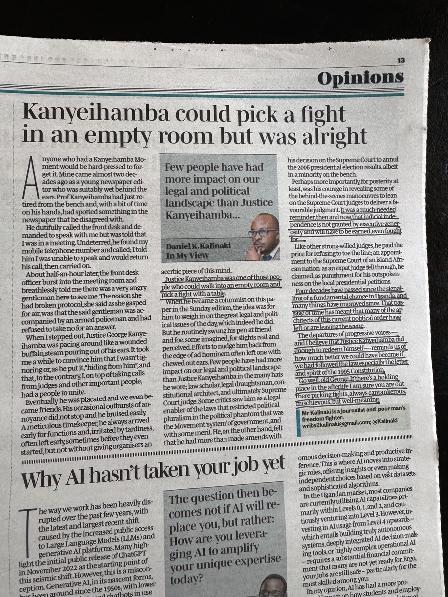 RKirunda's tweet image. @Kalinaki I’m not one to underline newspapers. But you got me on this one. And I didn’t even underline the parts I chuckled on. My Kanyeihamba moment: I was MC at a ULS event. He arrived and felt I didn’t announce his arrival well. Yes. He gave it to me fresh!
