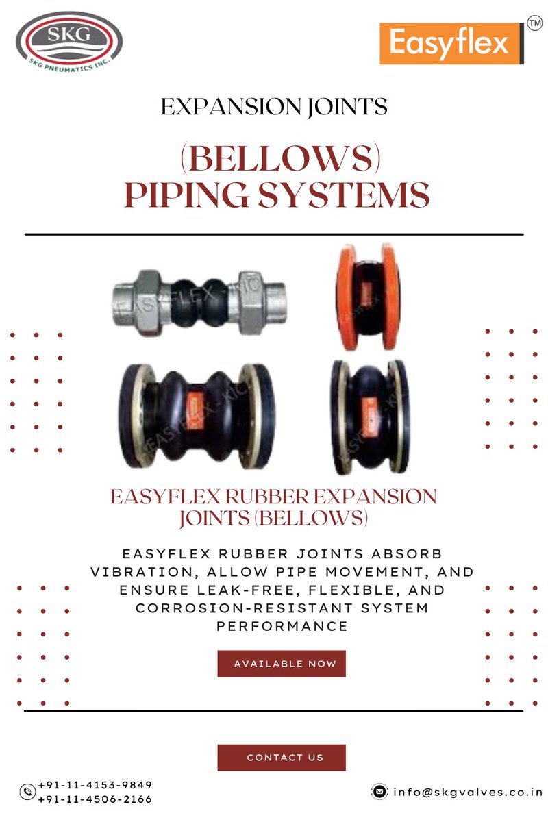SKG_Pneumatics's tweet image. Say goodbye to pipe stress!
#Easyflex Rubber Expansion Joints absorb vibration, allow movement &amp;amp; resist corrosion.
Available now at #SKGPneumatics
📞 +91-11-4153-9849
#Bellows #PipingSolutions #HVACIndia #FlexibleJoints