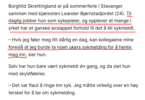 Venstresiden vil ikke innrømme alt snusket med sykemeldinger. Det vil være å innrømme at den yngre generasjon er blitt for mye dullet med og fått dårlige holdninger i skoleverket, som jo også er tungt venstrestyrt. Norge råtner på rot. Og det er verst på typiske