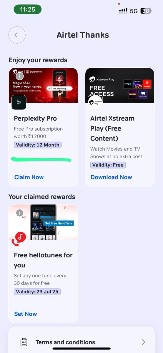 _vijaychoudhary's tweet image. Airtel users can avail perplexity pro for free through the Airtel App for 12 months(Worth ₹17,000). Just open the Airtel Thanks app, Check “Rewards” or “OTT Benefits”.  You can use this instead of ChatGPT, it has all those models inside including GROK 4, Claude 4 Opus , GPT O3.