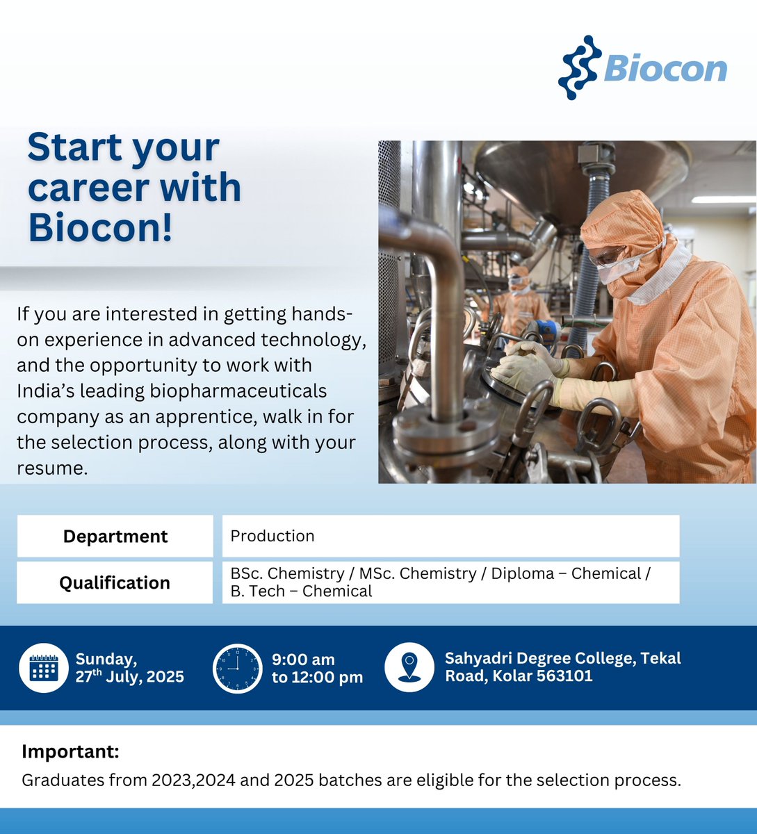 Bioconlimited's tweet image. #Walkin: #Biocon Limited has partnered with @MSDESkillIndia to recruit #apprentices in #Kolar under the National Apprenticeship Promotion Scheme. Selected candidates will receive extensive training, which may be followed by a full-time employment #opportunity based on available