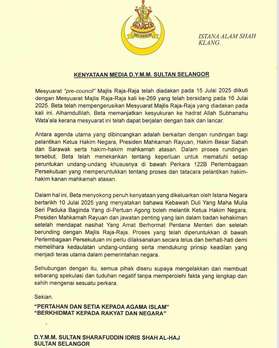 suk_selangor's tweet image. KENYATAAN MEDIA DYMM SULTAN SELANGOR

17 Julai 2025

#MalaysiaMadani
#𝐊𝐢𝐭𝐚𝐒𝐞𝐥𝐚𝐧𝐠𝐨𝐫 MajuBersama
#SUKSelangor