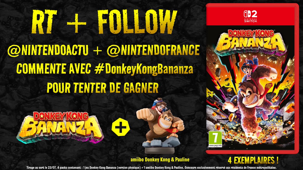 🎁 [CONCOURS] Tentez de gagner 4 packs Donkey Kong Bananza + l'amiibo DK &amp; Pauline !

- RT + Follow <a href="/NintendoActu/">Nintendo Actu</a> et <a href="/NintendoFrance/">Nintendo France</a>
- Commente avec #DonkeyKongBananza et dis-nous quelle transformation de DK (Kong, Autruche, ou Zèbre) tu as le plus hâte d'essayer

T.A.S le 23/07.