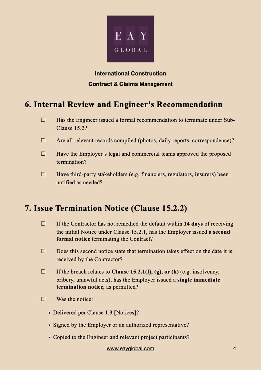 EAY_GLOBAL's tweet photo. What happens when the Contractor never shows up to site?

Under the FIDIC Red Book 2017, the Commencement Date is more than a ceremonial milestone.

It’s a contractual turning point.

But when the Contractor fails to commence or mobilize with due expedition and without delay, the Employer faces serious questions:

- Can we terminate the contract immediately?
- Should we suspend first?
- What procedural steps must be followed?
- What if the Engineer delays issuing the Notice to Correct?

These aren't just academic questions.
They come up frequently in real projects — especially in:

- Donor-financed infrastructure programs
- Government-led housing or road works
- Fast-track or politically sensitive projects

To support project teams, I've attached a practical tool:

"Checklist: Suspension and Termination for Failure to Commence (FIDIC Red Book 2017)"

It helps you:

- Confirm breach of Sub-Clause 8.1
- Use suspension tactically (Clause 16.1)
- Follow proper steps under Clause 15.1 & 15.2
- Avoid missteps that weaken your legal position

Download it. Share it with your Engineer, legal adviser, or claims team.

Because when a contractor doesn’t show up — what you do next could define the outcome of the entire contract.

#fidic #contracts #constructionclaims #disputeresolution #claimsmanagement #constructionlaw #projectfinance #claims #contractmanagement #construction #epc #construction #infrastructure #contracts