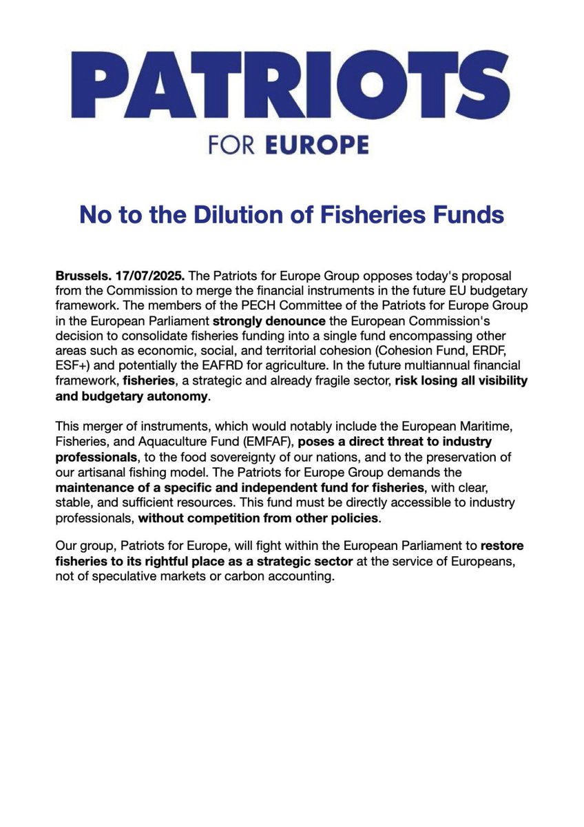 PatriotsEP's tweet image. 🐟🇪🇺 Europe's fishers deserve more than invisibility.
We will defend our seas, our sovereignty, and our traditions.
❌ No to the dilution of fisheries funds — yes to a future where fisheries thrive at the heart of Europe.