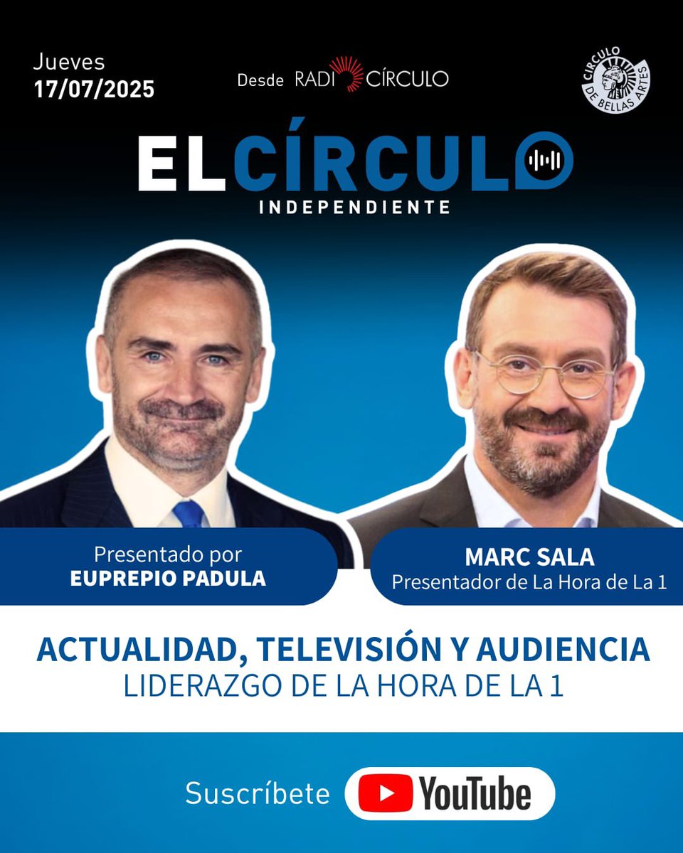 EuprepioPadula's tweet image. Buongiorno a todos y a nuestros últimos programas de @elcirculoin antes de la pausa veraniega. Hoy podrás escuchar y ver mi entrevista a uno de los periodistas y presentadores 📺 que más admiro, @_marcsala director y presentador de @LaHoraTVE 
@RadioCirculo 
@cbamadrid 
#YouTubes