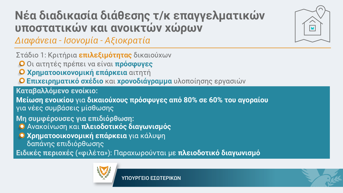 MinInteriorCY's tweet image. #ΤουρκοκυπριακέςΠεριουσίες
Διαφάνεια - Ισονομία - Αξιοκρατία
Νέα διαδικασία διάθεσης τουρκοκυπριακών επαγγελματικών υποστατικών και ανοικτών χώρων
Στάδιο 1: Κριτήρια επιλεξιμότητας δικαιούχων
🔹 Οι αιτητές πρέπει να είναι πρόσφυγες
🔹 Χρηματοοικονομική επάρκεια αιτητή
🔹…