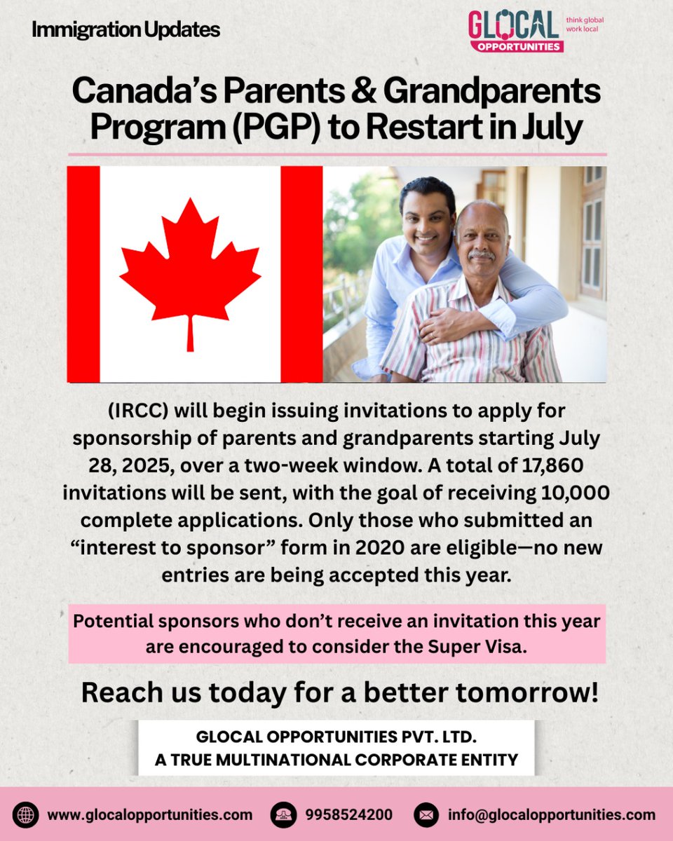 GlocalOpportu's tweet photo. Canada PGP Reopens July 28!
Only 2020 entries eligible. Missed out? Try Super Visa!
9958524200 | https://t.co/u7re8fXA7i
#CanadaPR #SuperVisa #GlocalOpportunities #ThinkGlobalWorkLocal https://t.co/M1CuuuH9cr