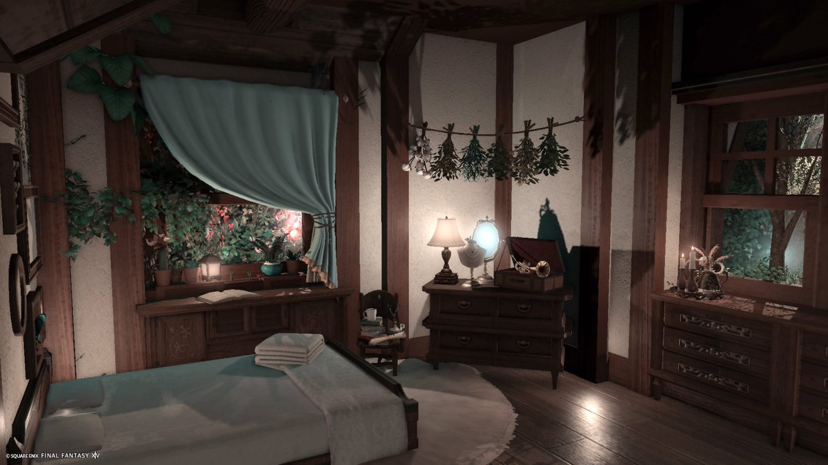 mayucotton06's tweet photo. FC個室をいただいたので、雨夜の森のお部屋を作りました🩵

#FF14ハウジング https://t.co/j8sRiSviCQ