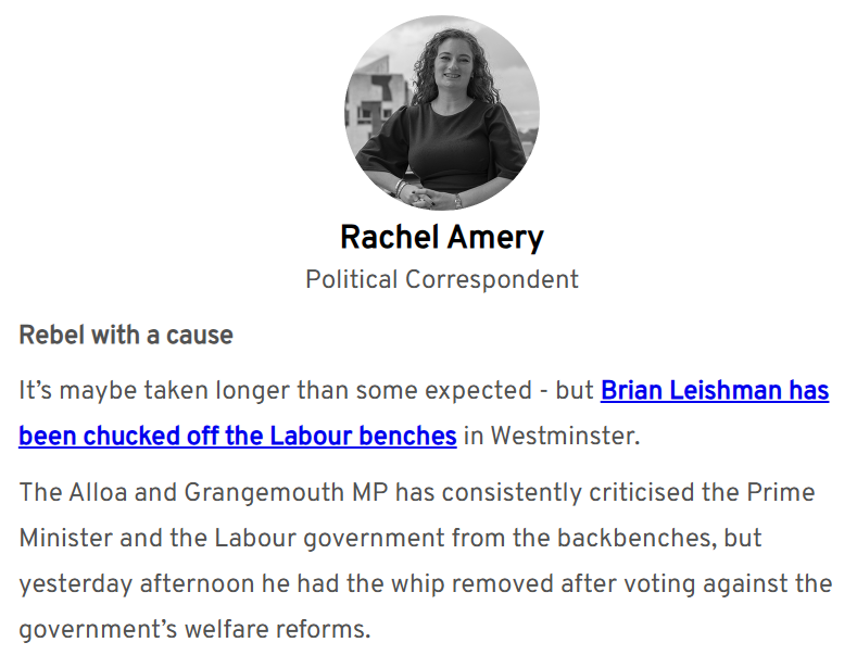 therachelamery's tweet image. Leading today's #TheSteamie morning politics newsletter from @TheScotsman is @BrianLeishmanMP having the Labour whip removed.
Sign up for free: scotsman.com/newsletter