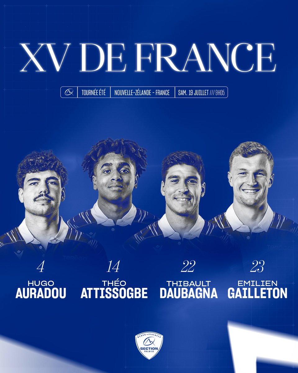 🔥 La Section sera le 1er club représenté pour ce dernier test-match en Nouvelle-Zélande ! 🇫🇷 Félicitations à Hugo 𝐀𝐮𝐫𝐚𝐝𝐨𝐮, Théo 𝐀𝐭𝐭𝐢𝐬𝐬𝐨𝐠𝐛𝐞, Thibault 𝐃𝐚𝐮𝐛𝐚𝐠𝐧𝐚 et Emilien 𝐆𝐚𝐢𝐥𝐥𝐞𝐭𝐨𝐧 ! 

#XVdeFrance #HonhaSection