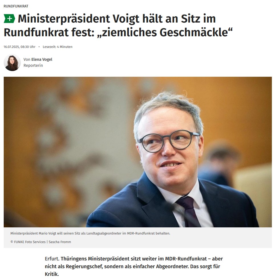CDU-MP #Voigt bleibt im #MDR-#Rundfunkrat – obwohl er als Regierungschef dort nichts mehr zu suchen hat. Er sitzt weiter als Abgeordneter, damit der für die Landesregierung vorgesehene Sitz nicht neu besetzt werden muss. Denn: Eine Neubesetzung braucht 2/3 im #Landtag – und die