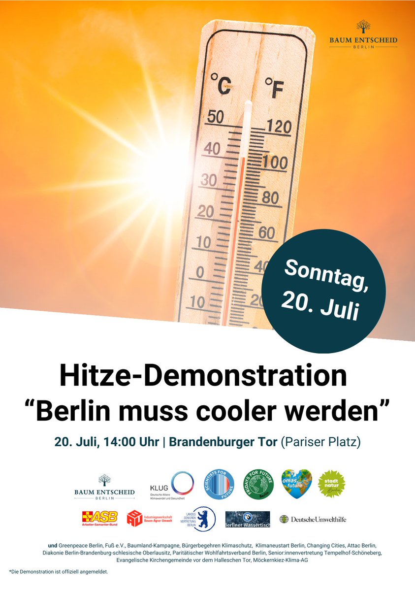 Extremhitze ist das tödlichste Wetter in Deutschland. 85% der Hitzetoten sind über 65 Jahre alt. In Berlin gibt es 12x mehr Hitzetote als Verkehrstote.
Deshalb: 
Demo für Hitzeschutz Berlin
📅 20. Juli 2025, 14:00 Uhr 
📍 Pariser Platz, Brandenburger Tor
🎯 Symbolisches "Die-In"