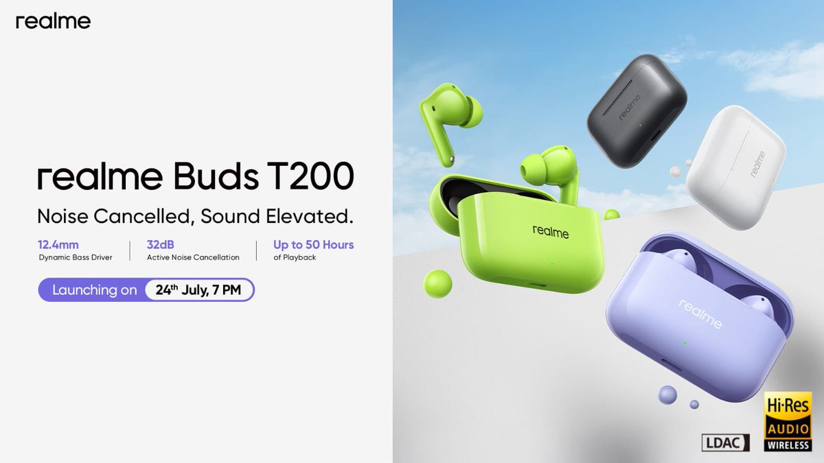 stufflistings's tweet image. realme Buds T200 launching on July 24th in India.